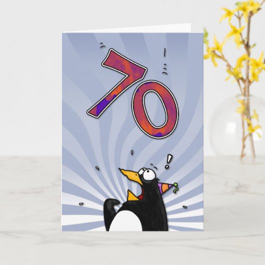 70e verjaardag - Penguin Surprise Kaart (Gele Bloem)