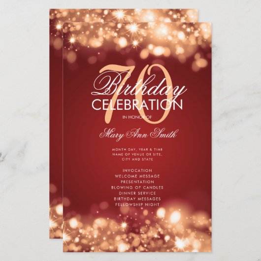 70e verjaardag Programma Glam Licht Gold Red Menu (Voorkant / Achterkant)