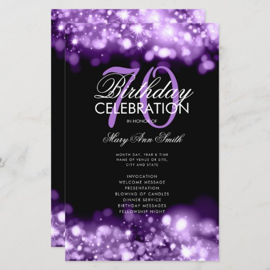 70e verjaardag Programma Glam Licht Paars Menu (Voorkant / Achterkant)