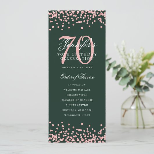 70e Verjaardag Programma Roos Gold Confetti Green (Staand voorkant)