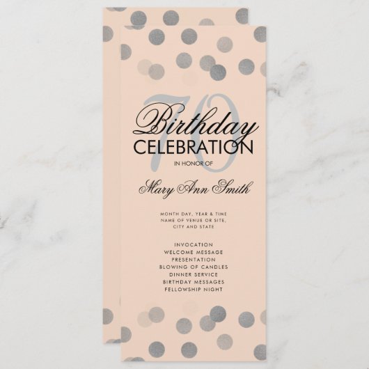 70e verjaardag Programma Silver Confetti Menu Blus (Voorkant / Achterkant)