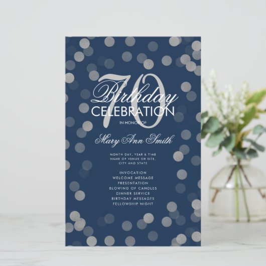 70e verjaardag Programma Silver Confetti Menu Navy (Staand voorkant)