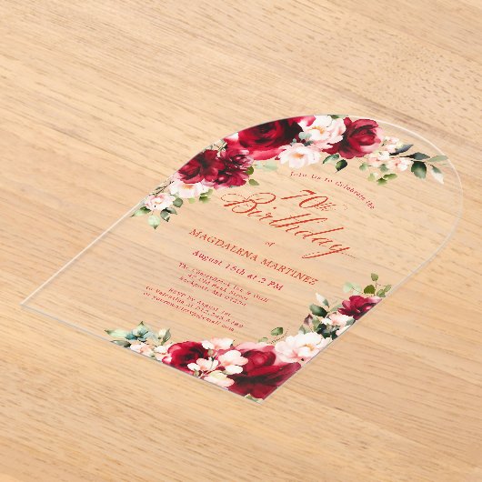 70e Verjaardag Red Rose Pink Peony Bloemenboog Acryl Uitnodigingen (Laagn)