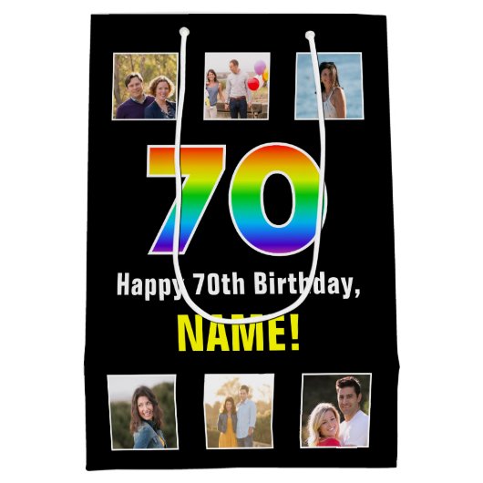 70e verjaardag: Regenboog "70", aangepaste foto's  Medium Cadeauzakje (Achterkant)