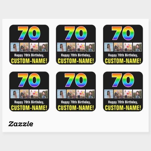 70e verjaardag: Regenboog "70"; Aangepaste foto's Vierkante Sticker (Vel)