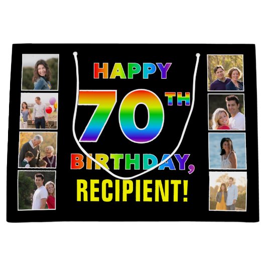 70e verjaardag: Regenboogtekst, Aangepaste foto's  Groot Cadeauzakje (Voorkant)