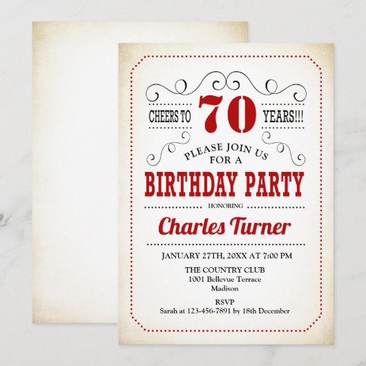 70e verjaardag - Retro Creamy White en Red Kaart (Voorkant / Achterkant)