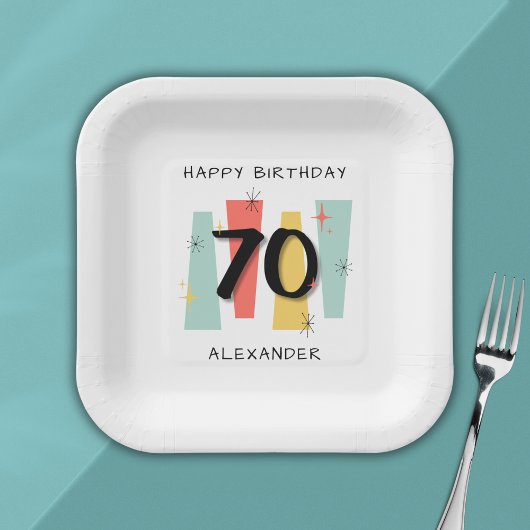 70e verjaardag Retro Midcentury Modern Kleurrijk Papieren Bordje