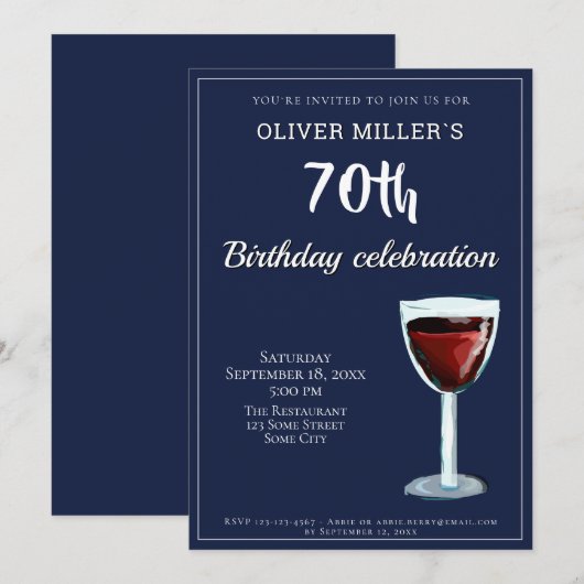 70e verjaardag Rode Wijn Navy Blue Party Kaart (Voorkant / Achterkant)