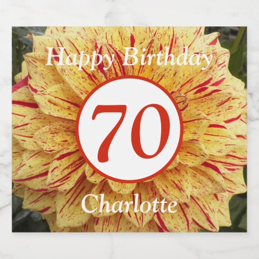 70e verjaardag Rood en Gele Dahlia Persoonlijk Sparkling Wijnetiket (Enkel label)