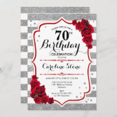 70e verjaardag - rood zilver witte strepen Rozen Kaart (Voorkant / Achterkant)