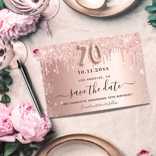 70e verjaardag roos glitters bewaar de datum save the date