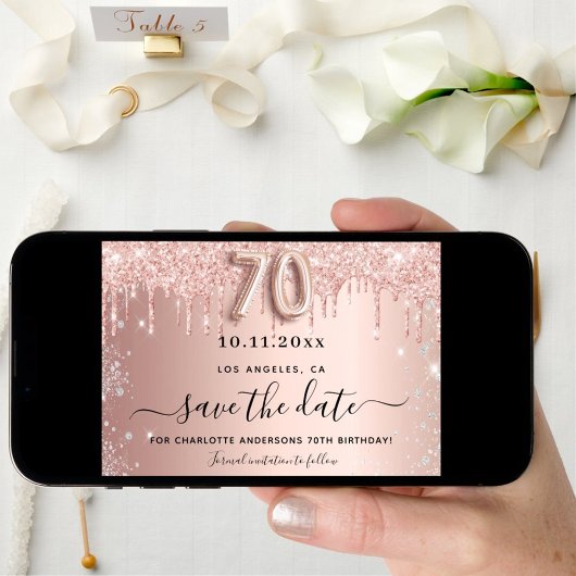 70e verjaardag roos glitters bewaar de datum save the date