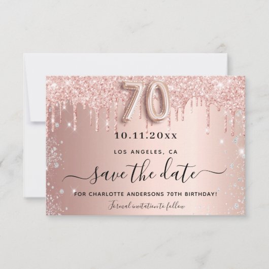 70e verjaardag roos glitters bewaar de datum save the date (Voorkant)