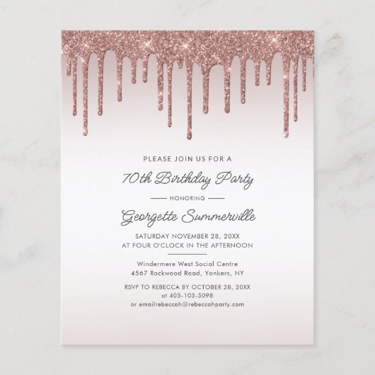 70e verjaardag Roos Gold Glitter Drip Invite (Voorkant)