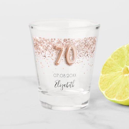 70e verjaardag roos goud blus confetti name shot glas (Voorkant)