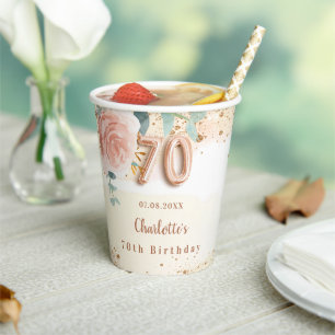 70e verjaardag roos goud florale glitter elegant papieren bekers