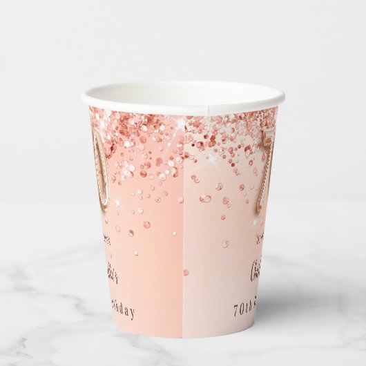 70e verjaardag roos goud glitter monogram naam papieren bekers (Rechts)