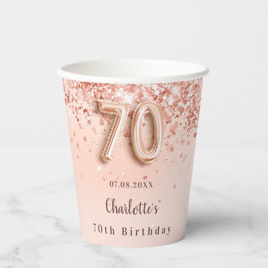 70e verjaardag roos goud glitter monogram naam papieren bekers (Voorkant)