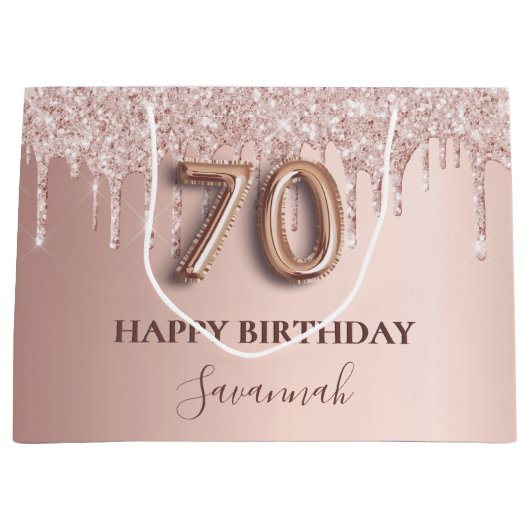 70e verjaardag roos goud glitter roze ballonstijl groot cadeauzakje (Voorkant)