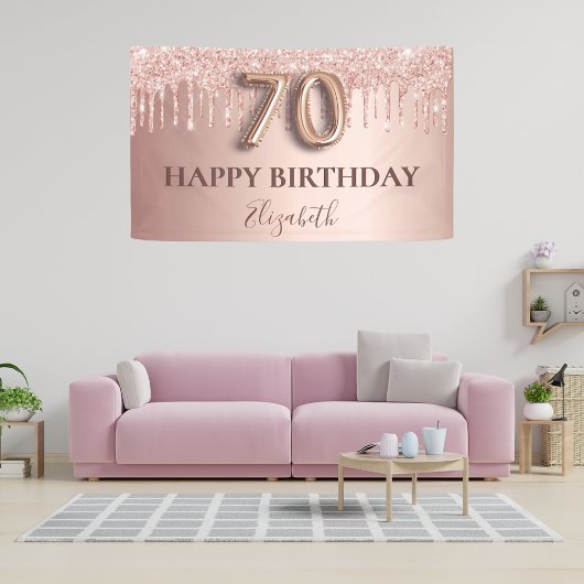70e verjaardag roos goud glitter roze ballonstijl spandoek