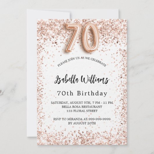 70e verjaardag roos goud witte luxe luxe kaart (Voorkant)