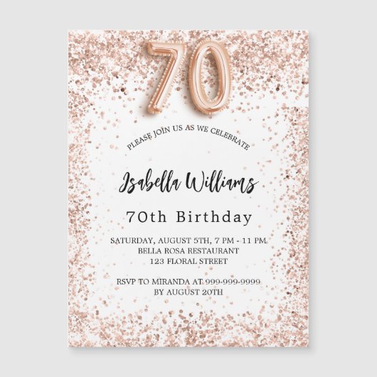 70e verjaardag roos goud witte luxe luxe magnetische uitnodiging (Voorkant)