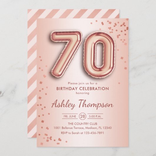 70e verjaardag - Roos gouden ballonnen Kaart (Voorkant / Achterkant)