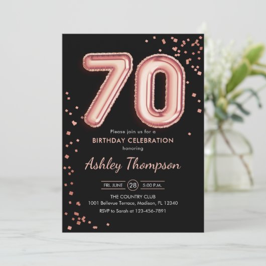 70e verjaardag - Roos gouden ballonnen zwart Kaart (Staand voorkant)