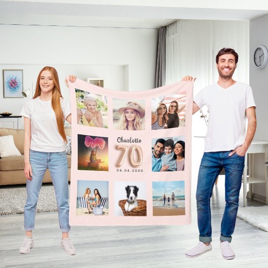 70e verjaardag roos gouden blauwe foto collage naa fleece deken