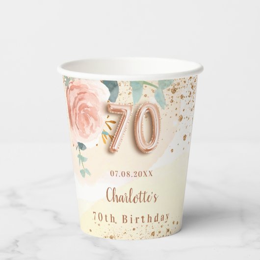 70e verjaardag roos gouden bloemen elegant papieren bekers (Achterkant)