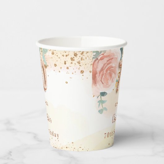 70e verjaardag roos gouden bloemen elegant papieren bekers (Links)