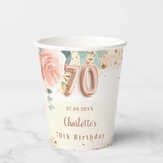 70e verjaardag roos gouden bloemen elegant papieren bekers (Voorkant)
