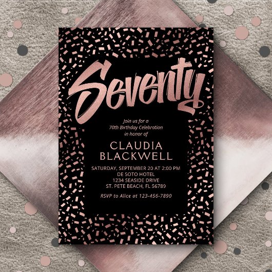 70e Verjaardag Roos Gouden Confetti Kaart