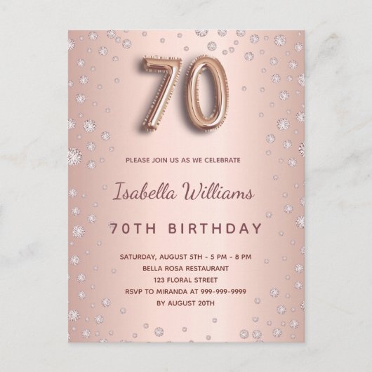 70e verjaardag roos gouden diamanten ballonscript briefkaart (Voorkant)