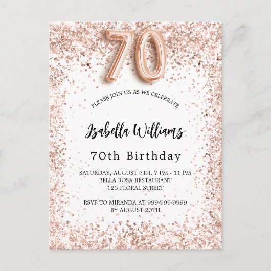 70e verjaardag roos gouden elegant uitnodiging briefkaart (Voorkant)