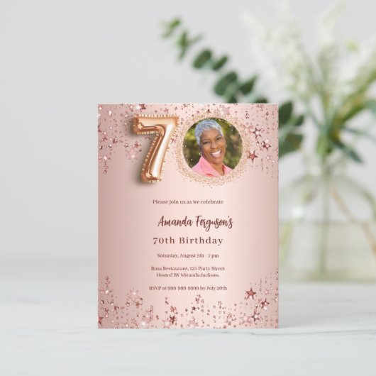 70e verjaardag roos gouden fotosterren uitnodiging (Staand voorkant)
