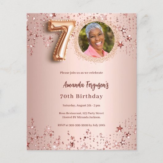 70e verjaardag roos gouden fotosterren uitnodiging (Voorkant)