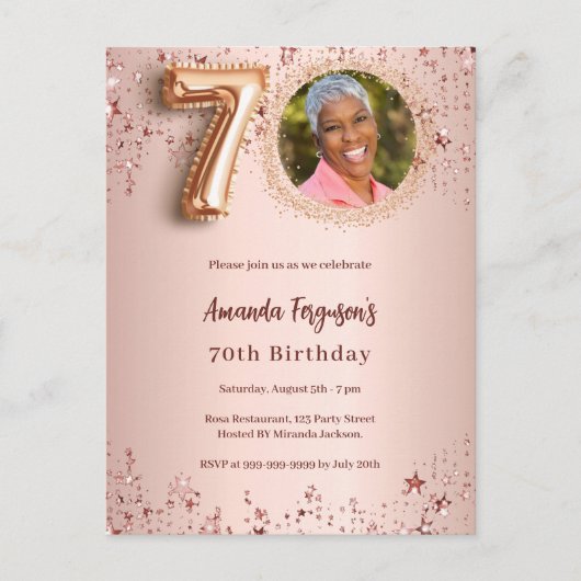 70e verjaardag roos gouden fotosterren uitnodiging briefkaart (Voorkant)