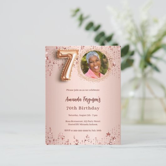 70e verjaardag roos gouden fotosterren uitnodiging briefkaart (Staand voorkant)