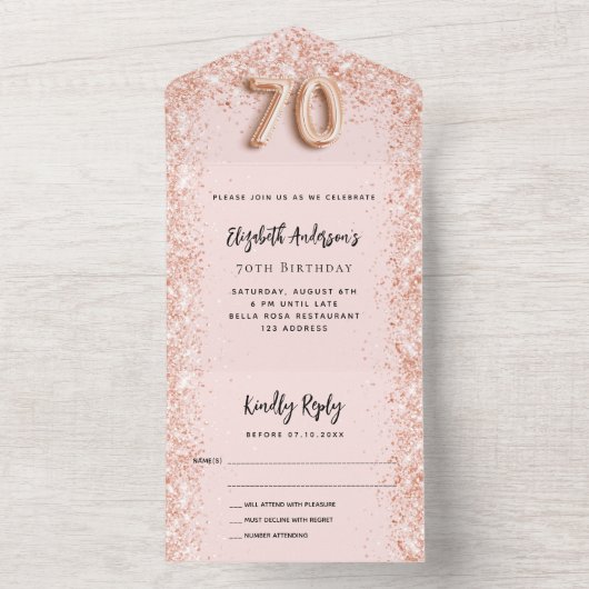 70e verjaardag roos gouden glans partij RSVP All In One Uitnodiging (Binnen)
