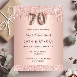 70e verjaardag roos gouden glitter blush uitnodigi briefkaart