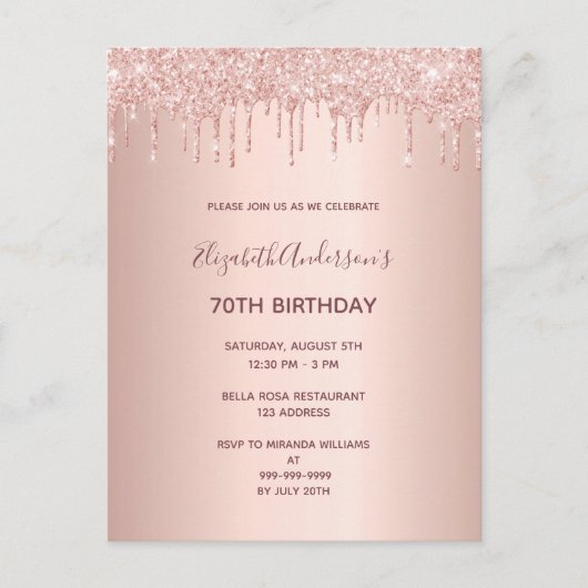 70e verjaardag roos gouden glitter drip uitnodigin briefkaart (Voorkant)