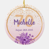 70e verjaardag roos gouden paarse florabenaming keramisch ornament (Achterkant)