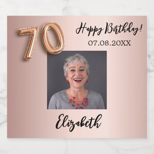 70e Verjaardag roos gouden roze foto Sparkling Wijnetiket (Enkel label)