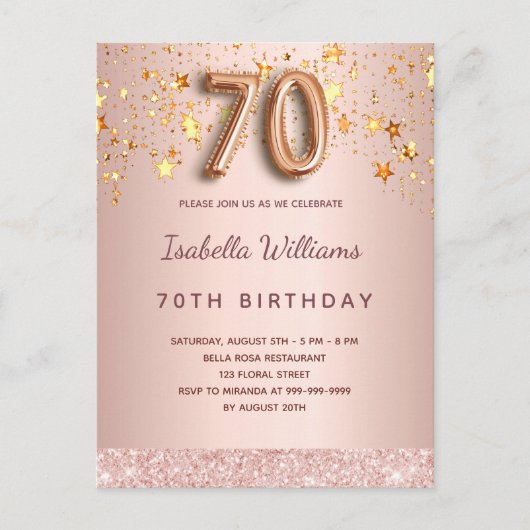 70e verjaardag roos gouden roze sterren ballonschr briefkaart (Voorkant)