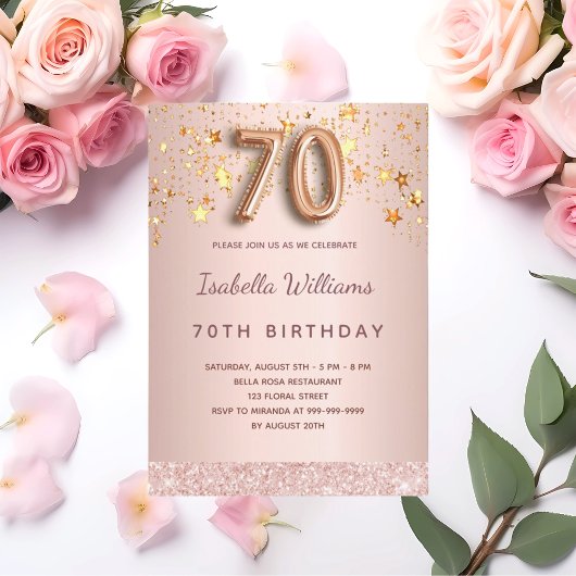 70e verjaardag roos gouden roze sterren ballonschr kaart