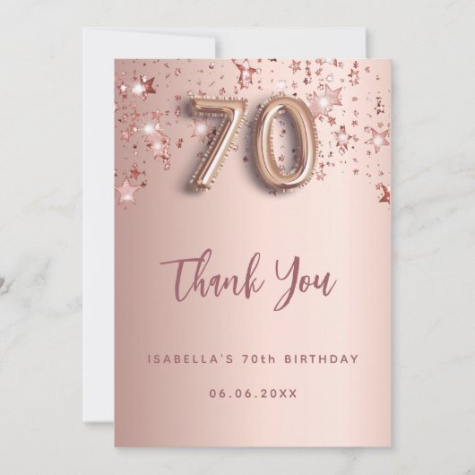 70e verjaardag roos gouden roze sterren bedankkaart (Voorkant)