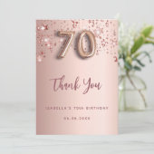 70e verjaardag roos gouden roze sterren bedankkaart (Staand voorkant)