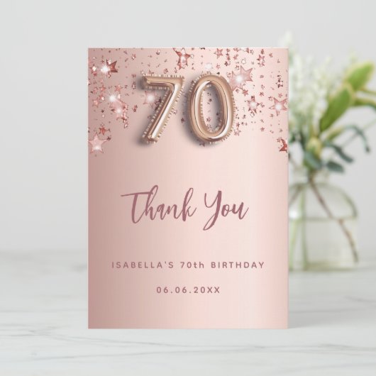 70e verjaardag roos gouden roze sterren bedankkaart (Staand voorkant)